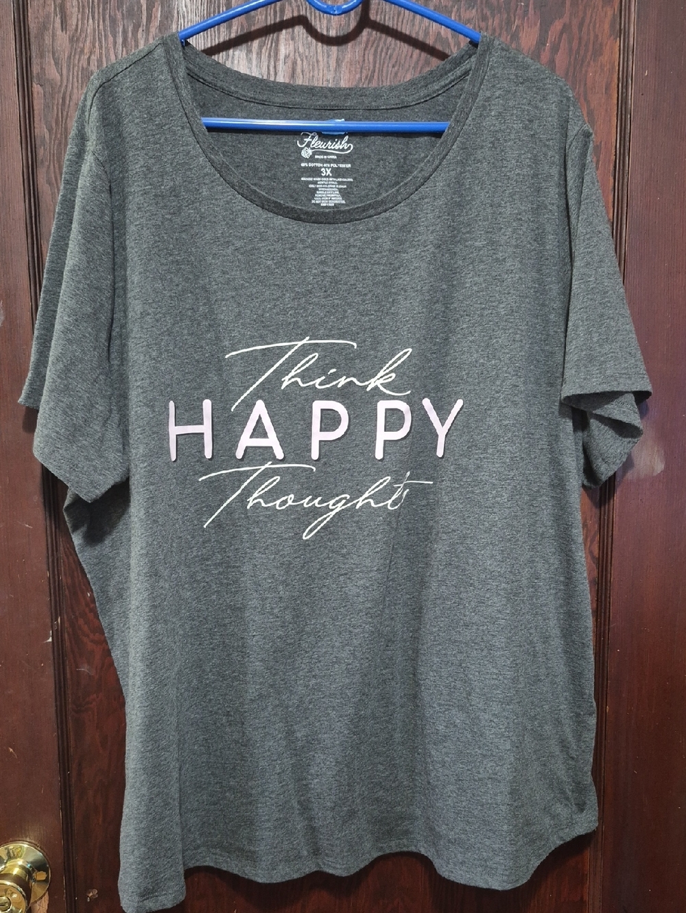 Fleurish Gray Tee with Pink "Think Happy Thoughts" Graphic